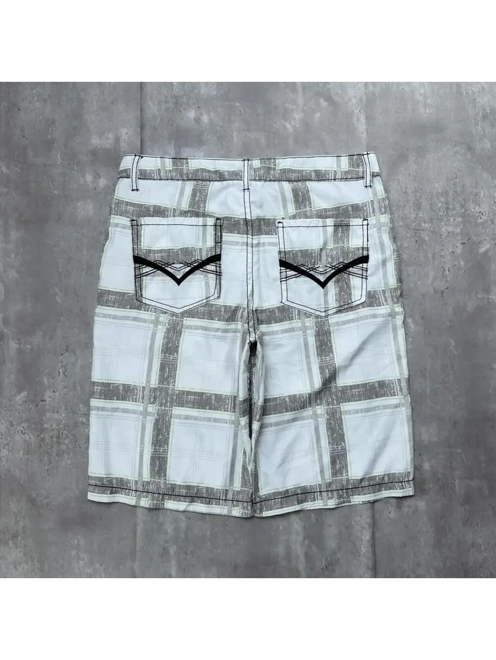 Y2K White Machine Grunge Baggy Plaid Skater Shorts